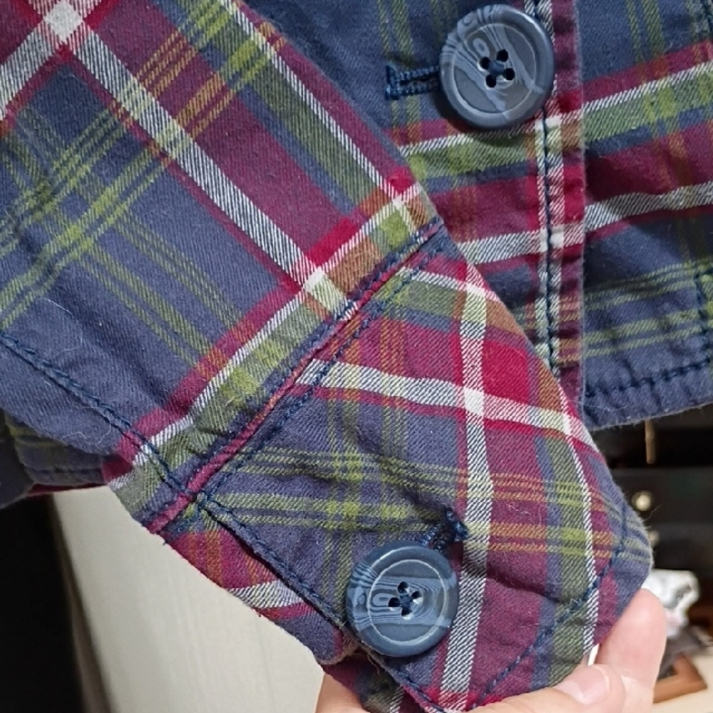 Aeropostale Women's Navy and Red Plaid Double-Breasted Light Cotton Jacket Top - Picture 4 of 6